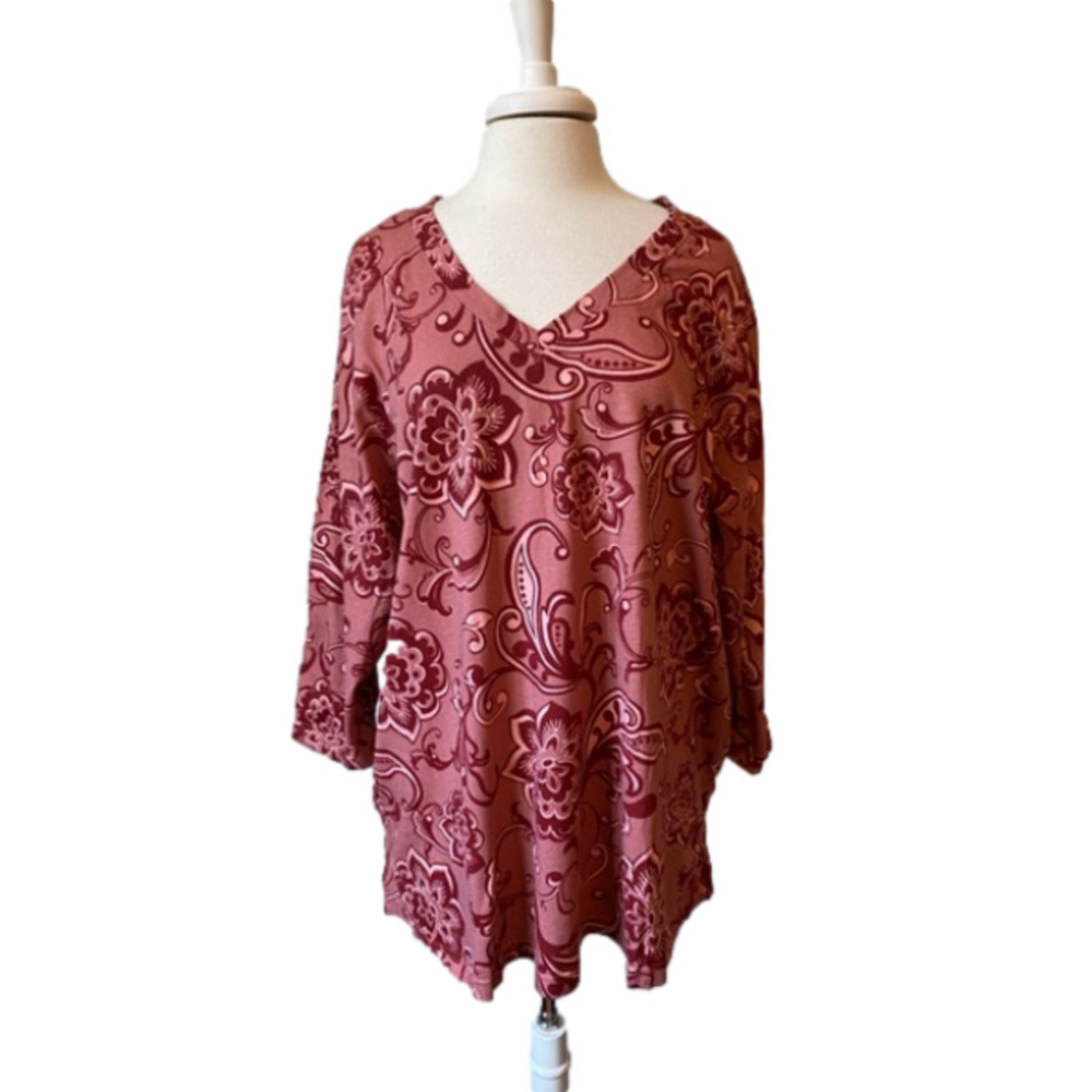 NWOT Floral V‎ Neck 3/4 Sleeve Cotton Tunic Women's 2X Terra Cotta Boho Staple